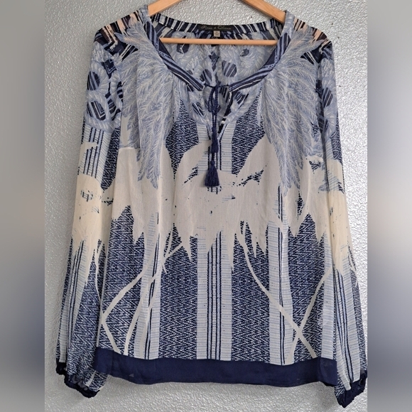 Boho Blue/White Sheer Tunic Blouse    Size XL - Picture 1 of 11